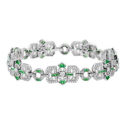 Diamond & Emerald Vintage Inspired Art Deco Filigree Style Link White Bracelet