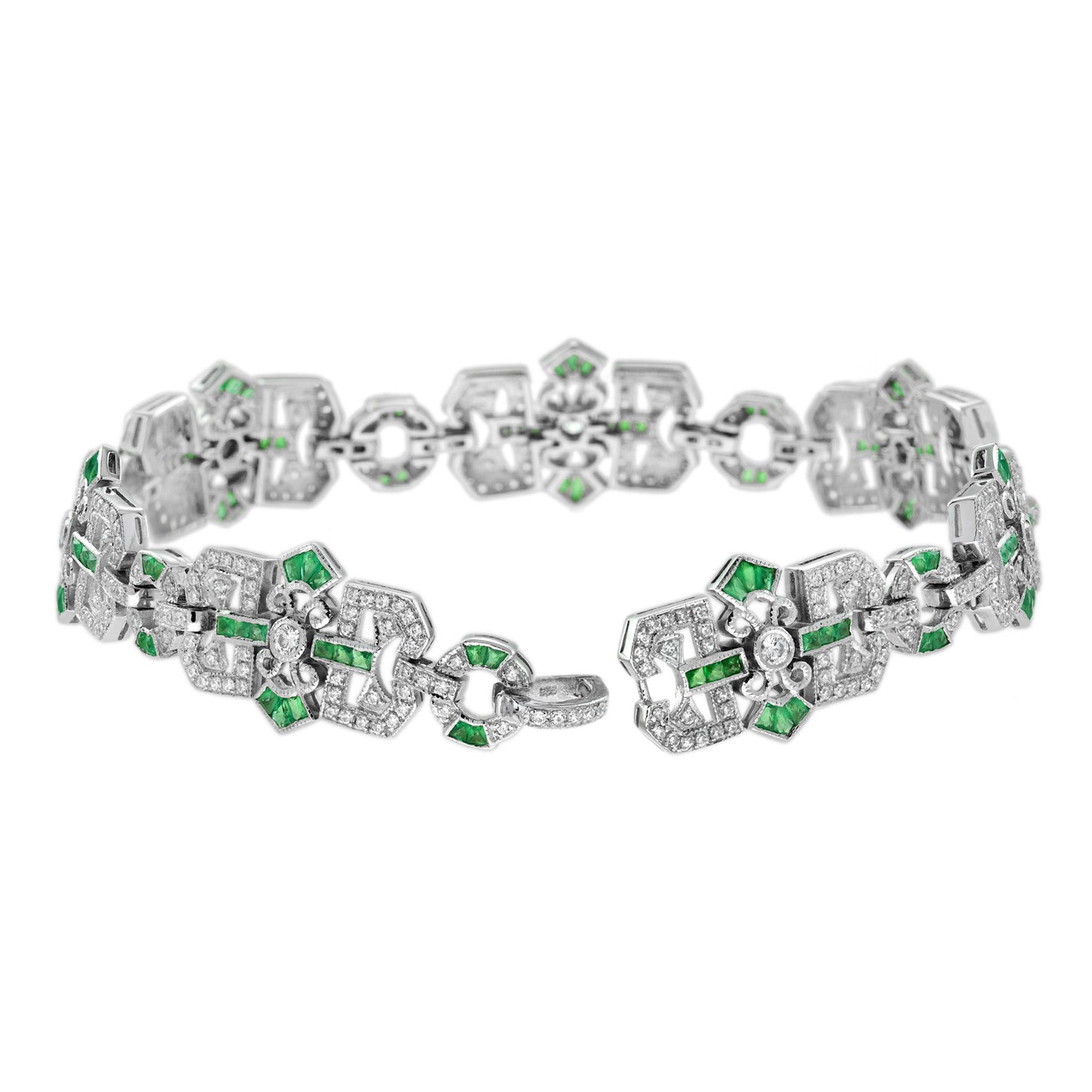diamond & emerald vintage inspired art deco filigree style link white bracelet
