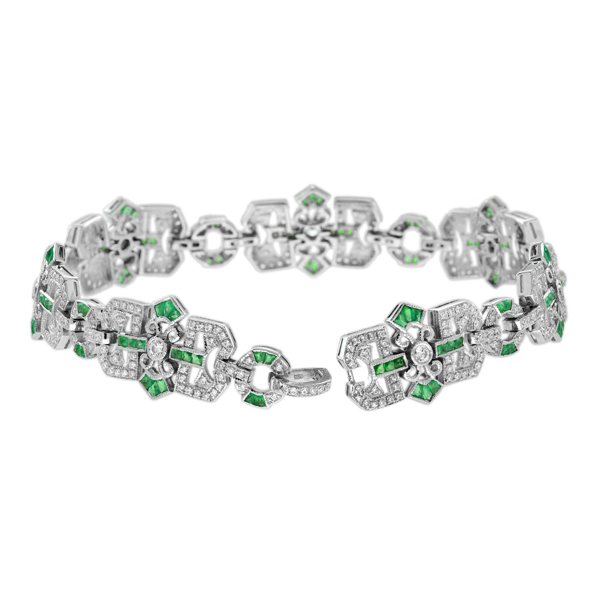 Diamond & Emerald Vintage Inspired Art Deco Filigree Style Link White Bracelet