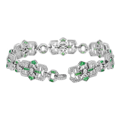 Diamond & Emerald Vintage Inspired Art Deco Filigree Style Link White Bracelet