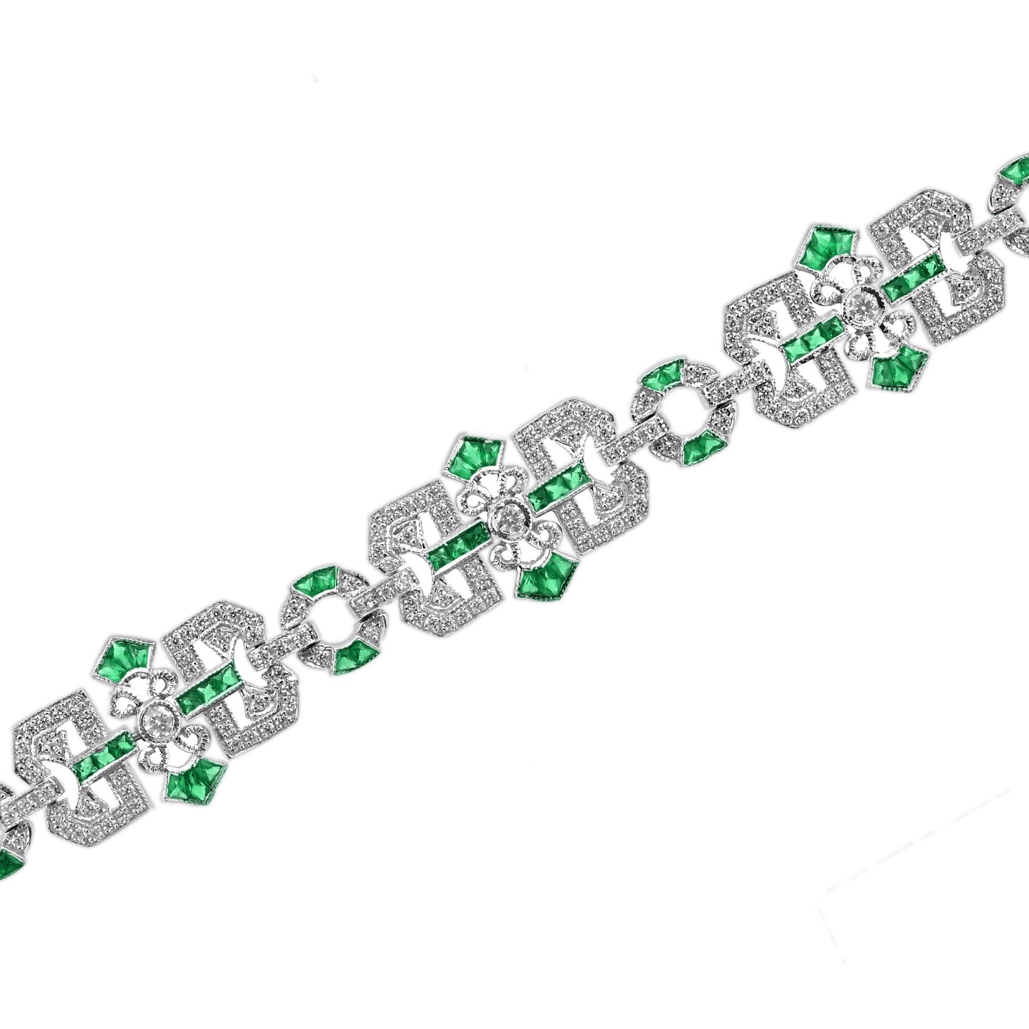 diamond & emerald vintage inspired art deco filigree style link white bracelet