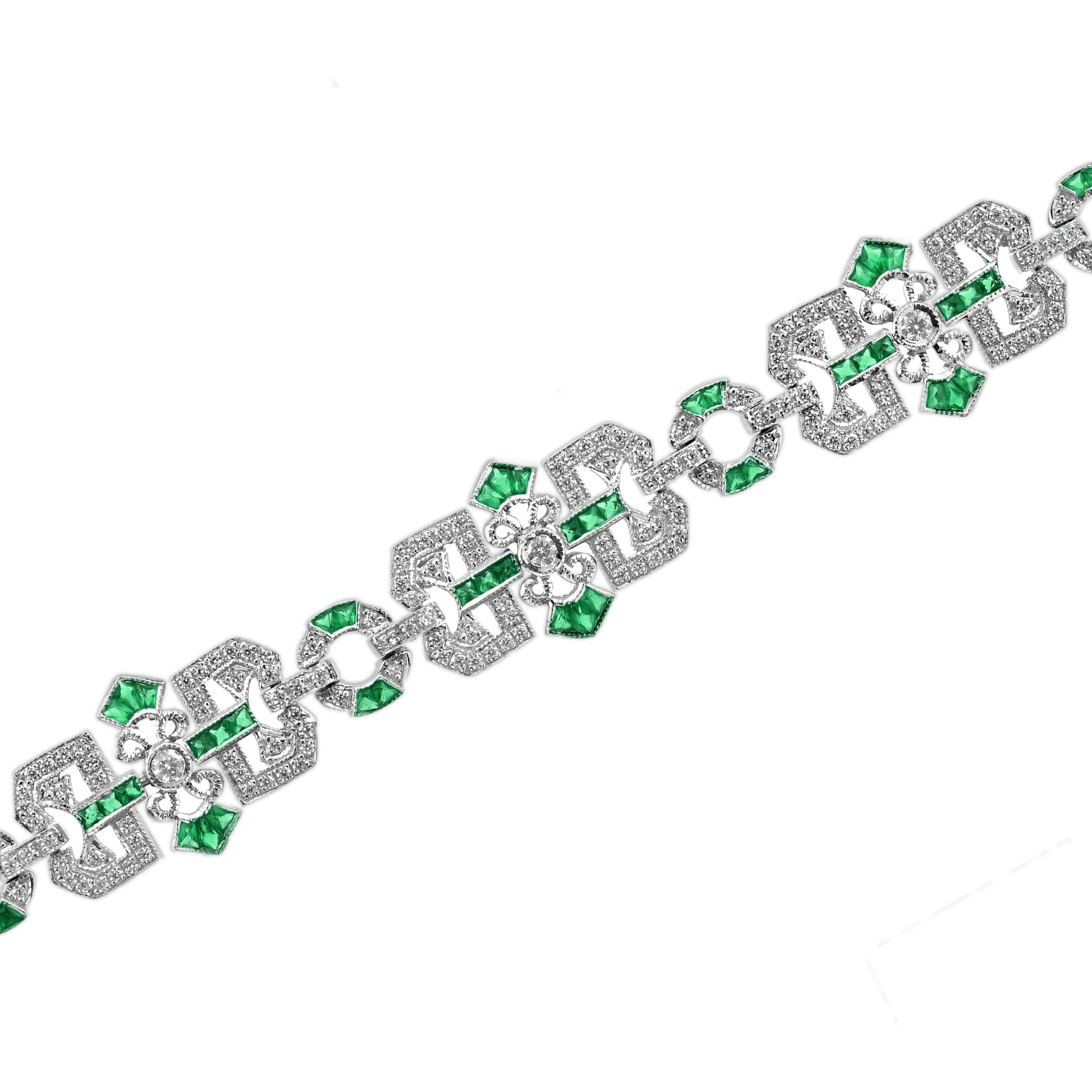 Diamond & Emerald Vintage Inspired Art Deco Filigree Style Link White Bracelet