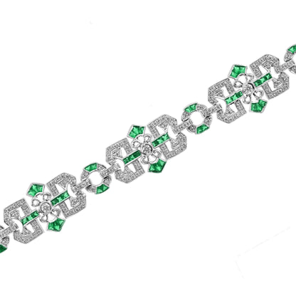Diamond & Emerald Vintage Inspired Art Deco Filigree Style Link White Bracelet
