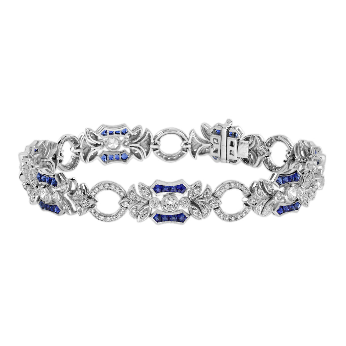 Blue Sapphire & Diamond Vintage Inspired Edwardian StyleLink White Gold Bracelet