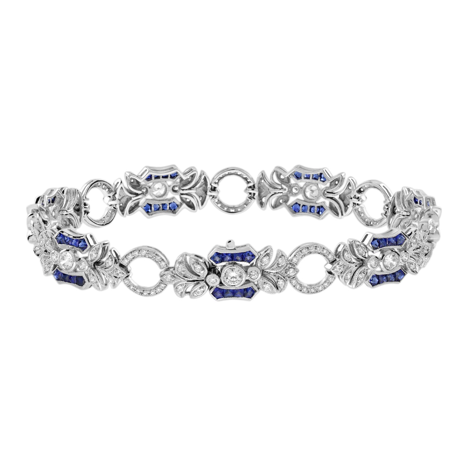 Blue Sapphire &amp; Diamond Vintage Inspired Edwardian StyleLink White Gold Bracelet
