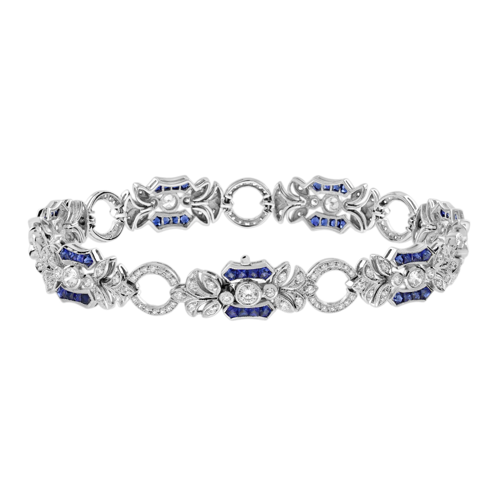Blue Sapphire & Diamond Vintage Inspired Edwardian StyleLink White Gold Bracelet