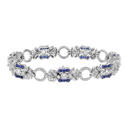 Blue Sapphire & Diamond Vintage Inspired Edwardian StyleLink White Gold Bracelet
