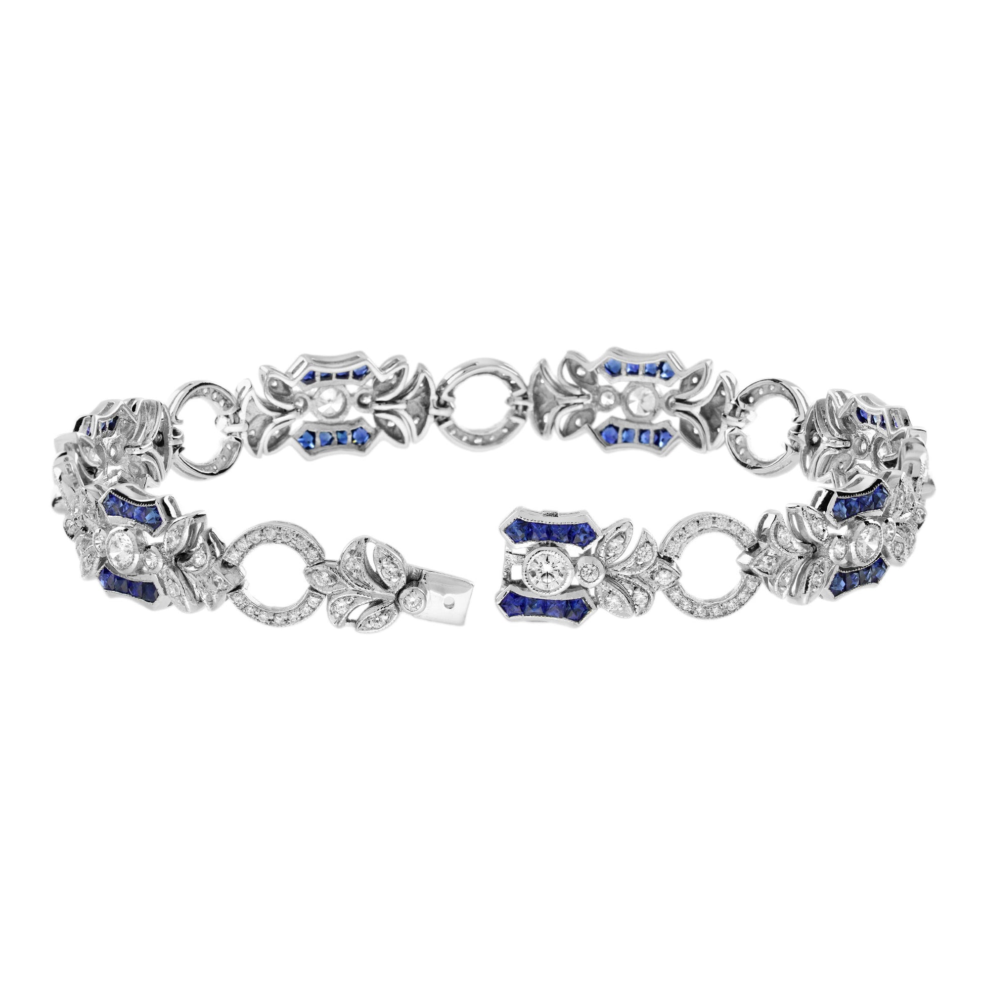 Blue Sapphire & Diamond Vintage Inspired Edwardian StyleLink White Gold Bracelet