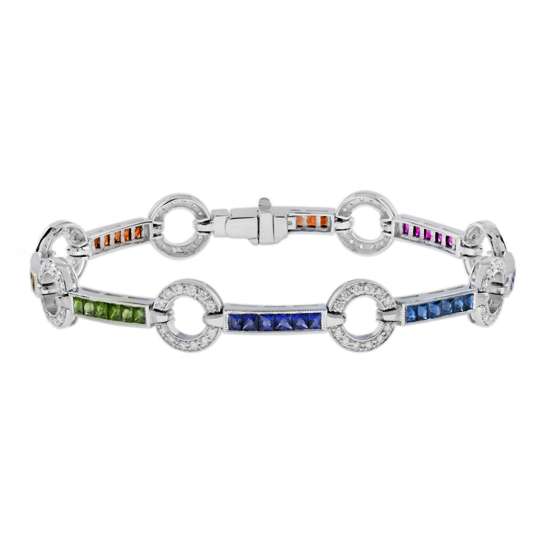 Diamond Square Rainbow Color Sapphire Donut Round Link Tennis Line Gold Bracelet