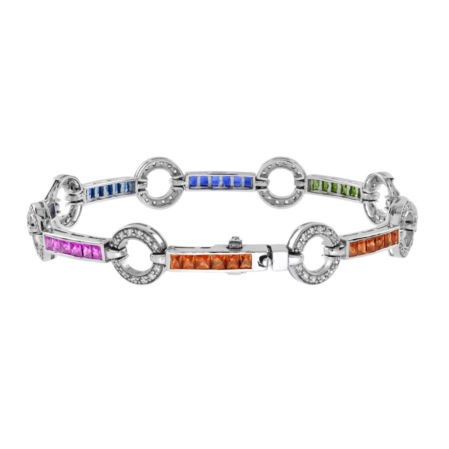 diamond square rainbow color sapphire donut round link tennis line gold bracelet