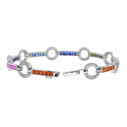 Diamond Square Rainbow Color Sapphire Donut Round Link Tennis Line Gold Bracelet