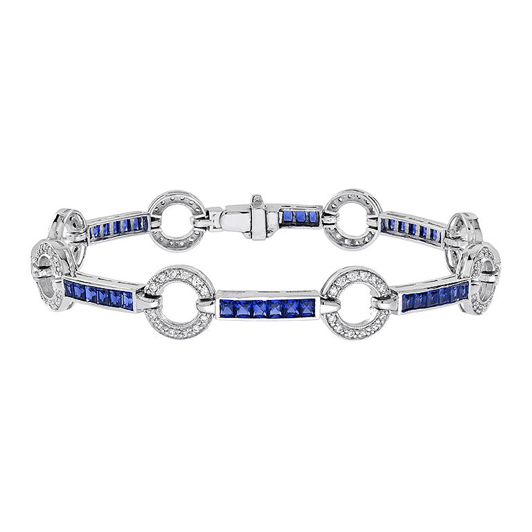 Art Deo Style Diamond & Blue Sapphire Tennis Circle 18K White Gold Bracelet