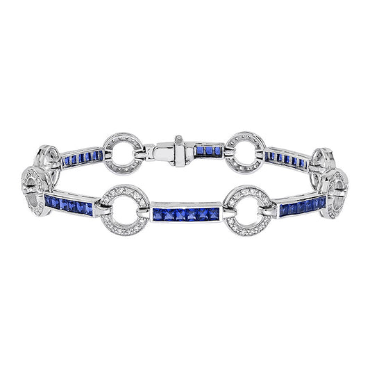 Art Deo Style Diamond & Blue Sapphire Tennis Circle 18K White Gold Bracelet