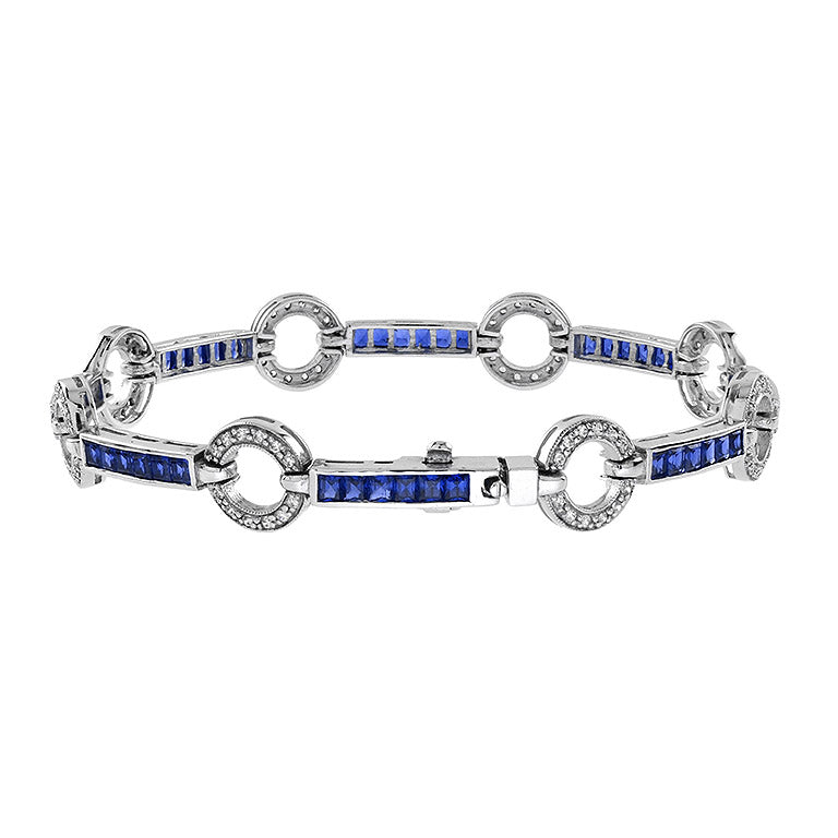 Art Deo Style Diamond & Blue Sapphire Tennis Circle 18K White Gold Bracelet