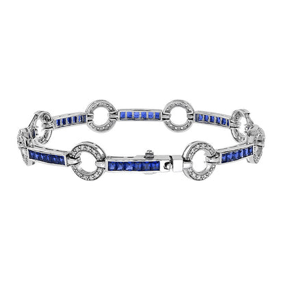 Art Deo Style Diamond & Blue Sapphire Tennis Circle 18K White Gold Bracelet
