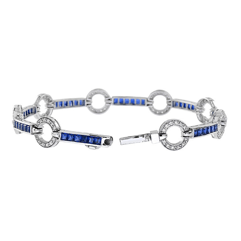 Art Deo Style Diamond & Blue Sapphire Tennis Circle 18K White Gold Bracelet