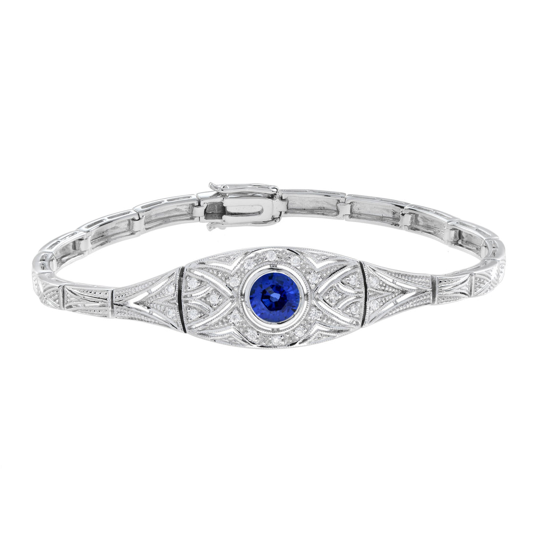 Blue Sapphire & Diamond Art Deco Style White Gold Line Bracelet