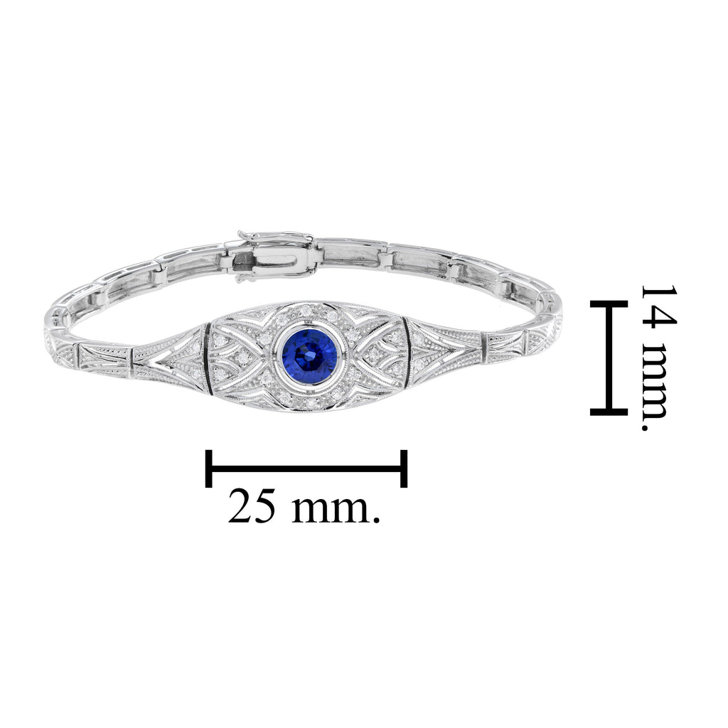 Blue Sapphire & Diamond Art Deco Style White Gold Line Bracelet
