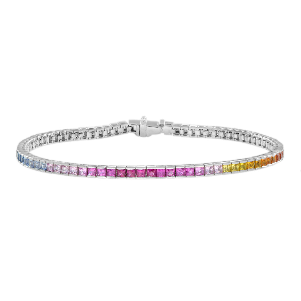 Rainbow Color Sapphires 18K White Gold Eternity Band Ring & Tennis Bracelet Set