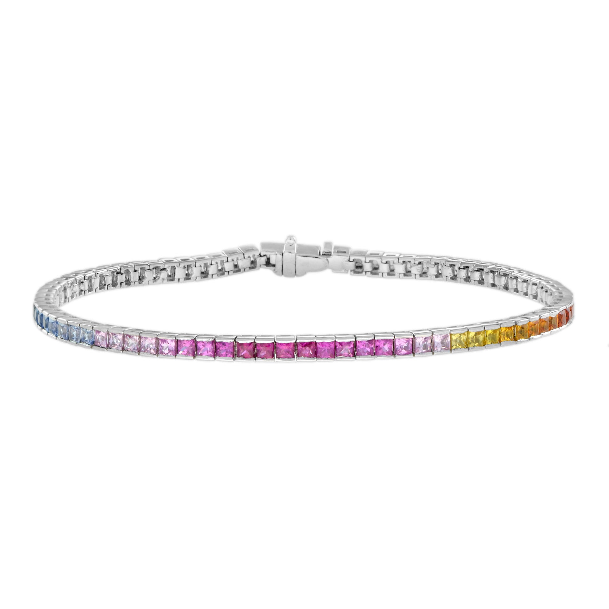 Rainbow Color Sapphires 18K White Gold Eternity Band Ring & Tennis Bracelet Set
