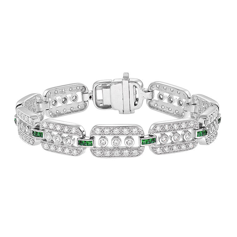 Art Deco Style Diamond & Emerald Line Unique 14K White Gold Bracelet