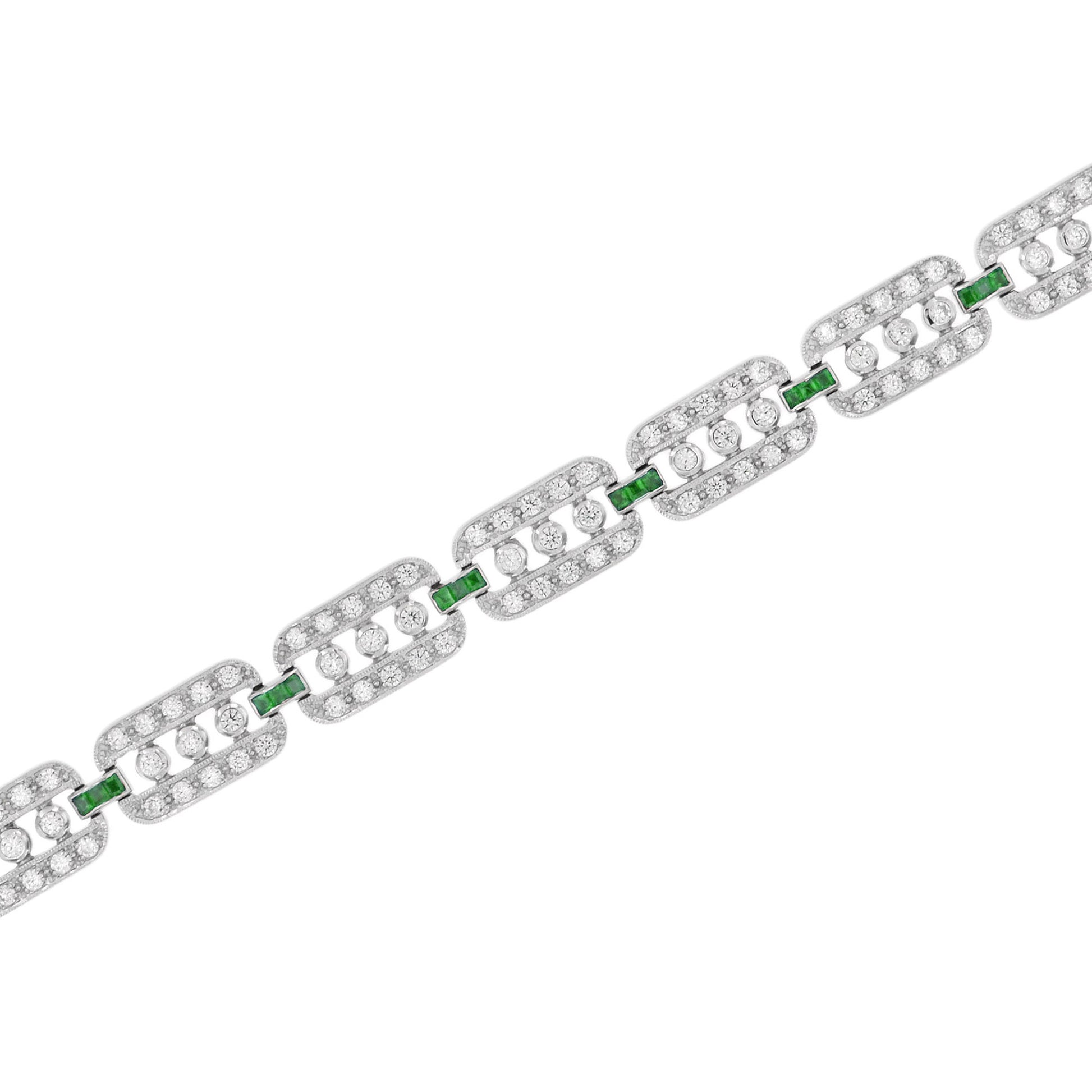 Art Deco Style Diamond & Emerald Line Unique 14K White Gold Bracelet