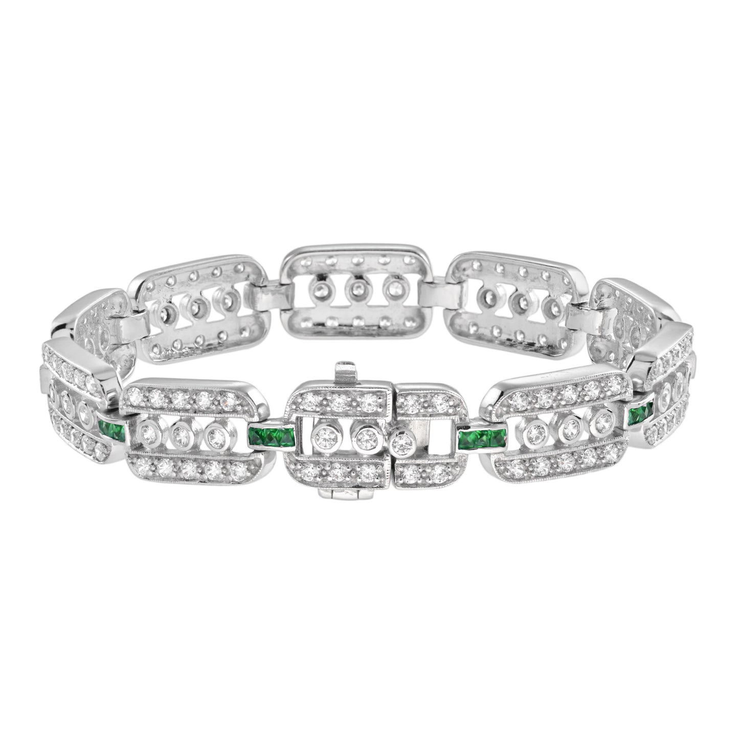 art deco style diamond & emerald line unique 14k white gold bracelet