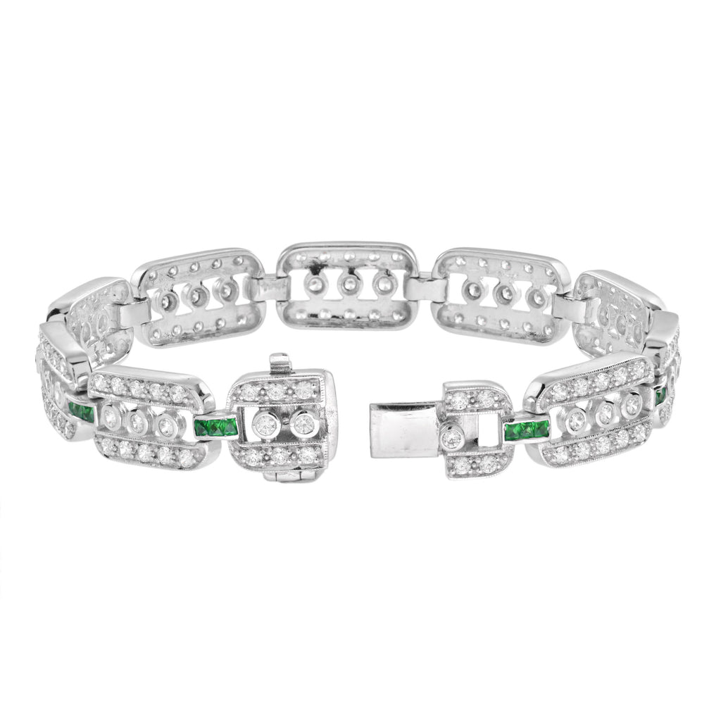 Art Deco Style Diamond & Emerald Line Unique 14K White Gold Bracelet