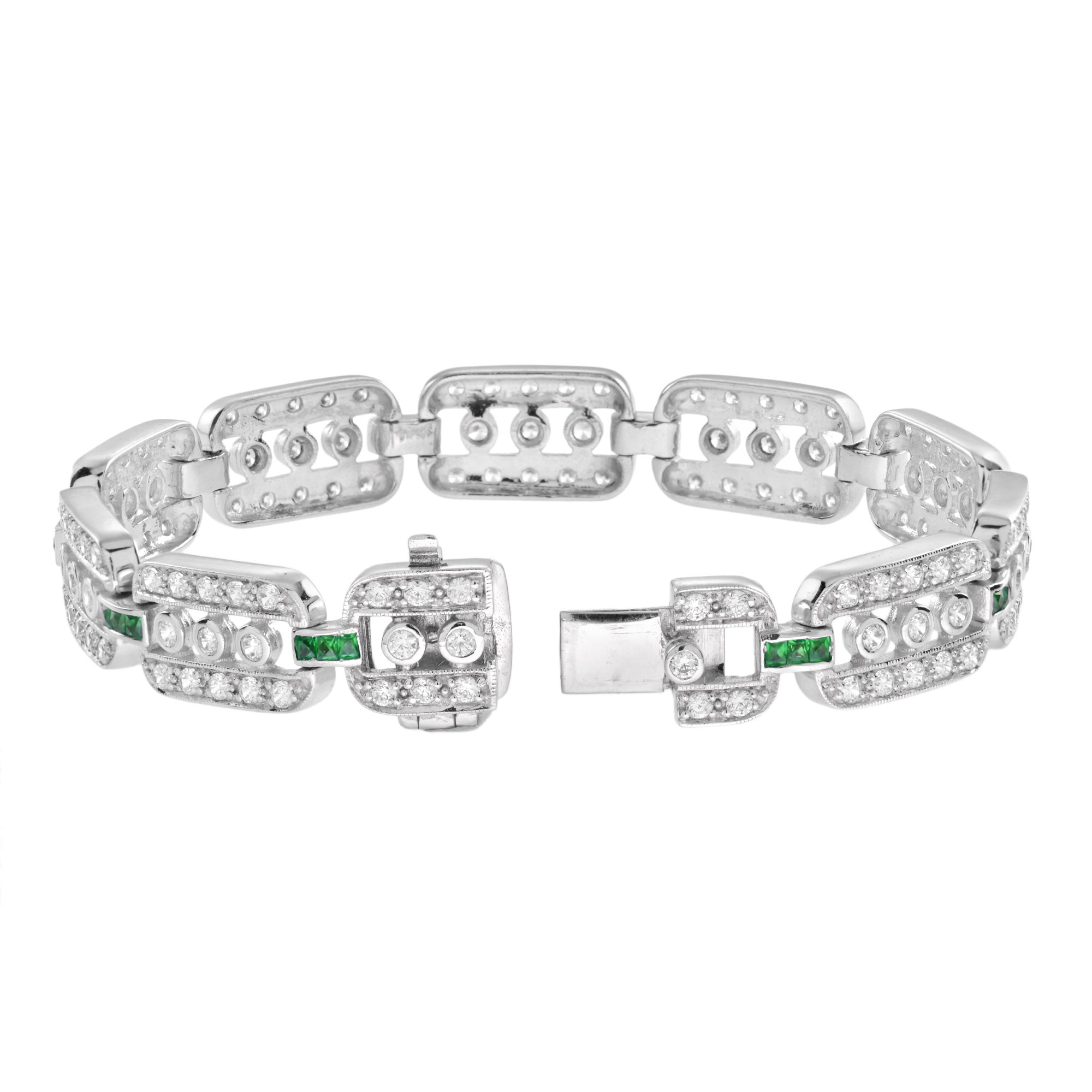 Art Deco Style Diamond &amp; Emerald Line Unique 14K White Gold Bracelet