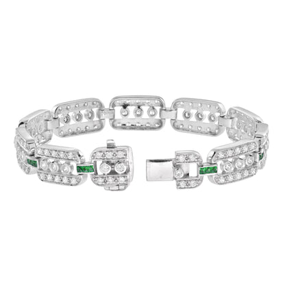 Art Deco Style Diamond & Emerald Line Unique 14K White Gold Bracelet