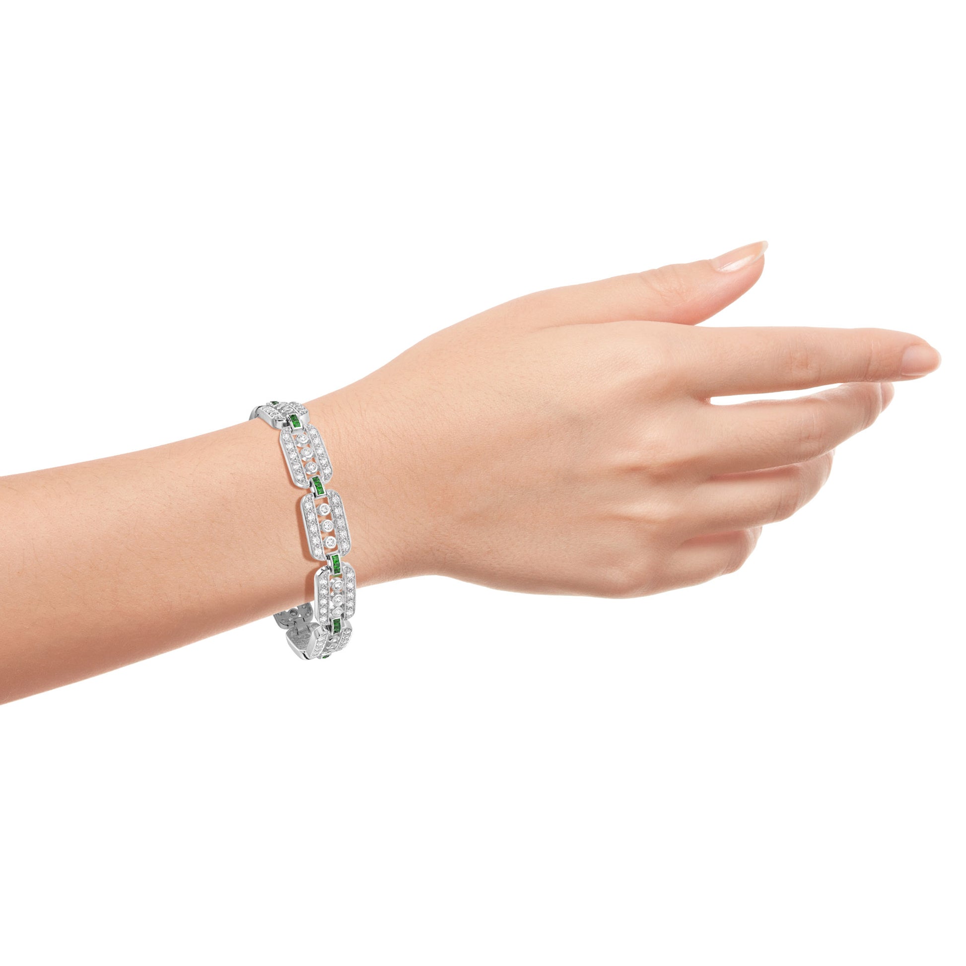 Art Deco Style Diamond & Emerald Line Unique 14K White Gold Bracelet