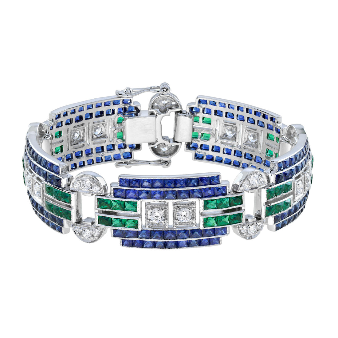 Diamond & Blue Sapphire Emerald Art Deco Style White Gold Wide Unique Bracelet