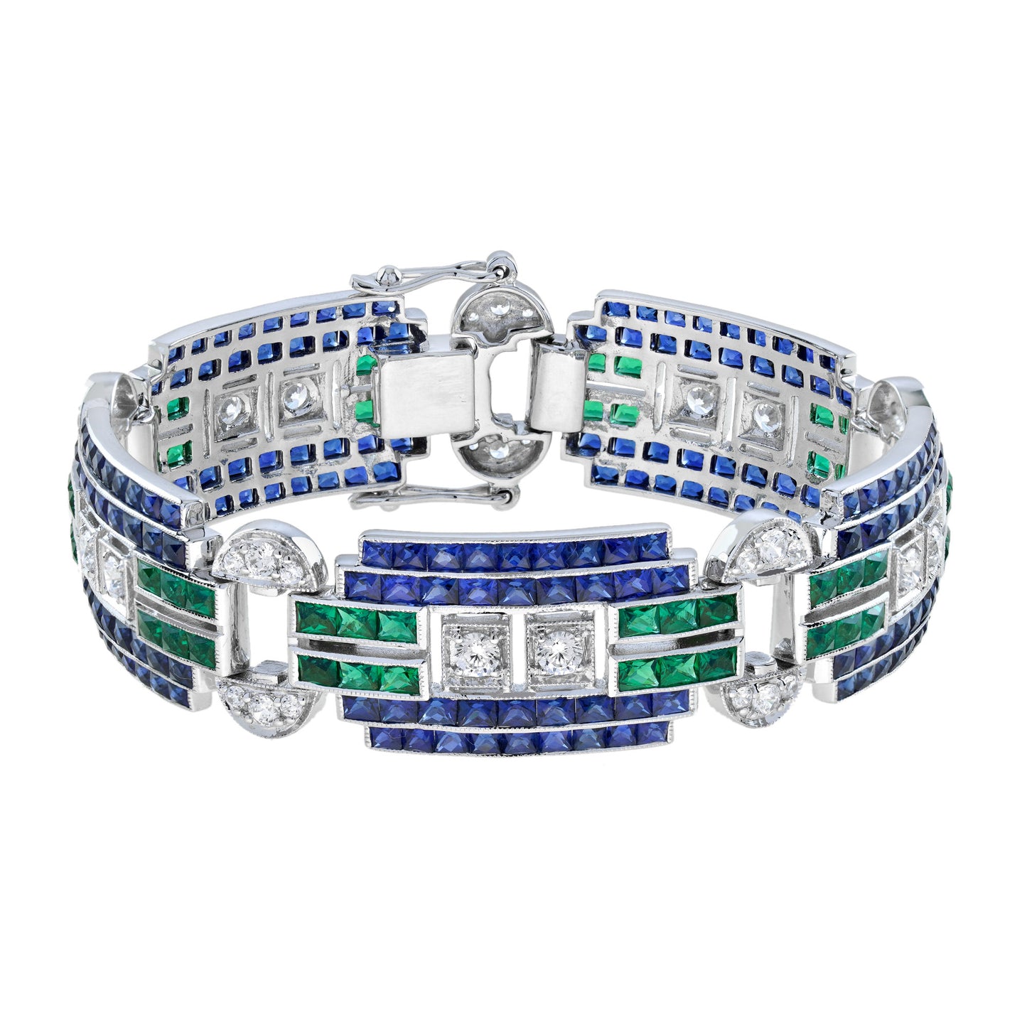 diamond & blue sapphire emerald art deco style white gold wide unique bracelet