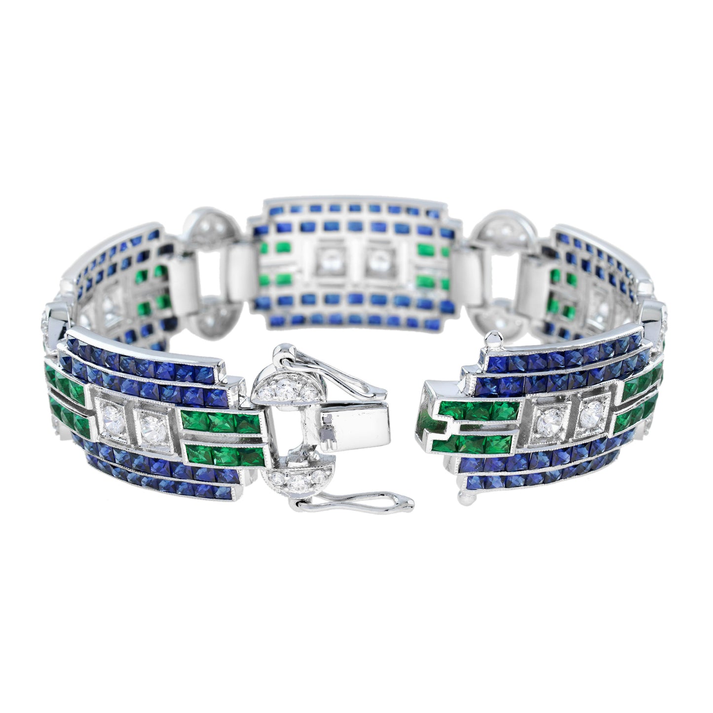 diamond & blue sapphire emerald art deco style white gold wide unique bracelet