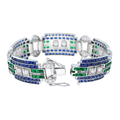 Diamond & Blue Sapphire Emerald Art Deco Style White Gold Wide Unique Bracelet
