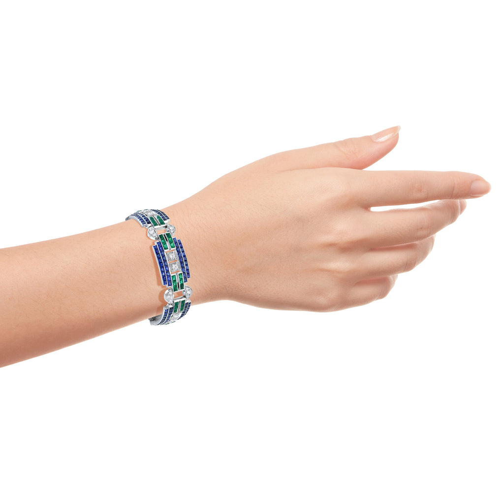 Diamond & Blue Sapphire Emerald Art Deco Style White Gold Wide Unique Bracelet