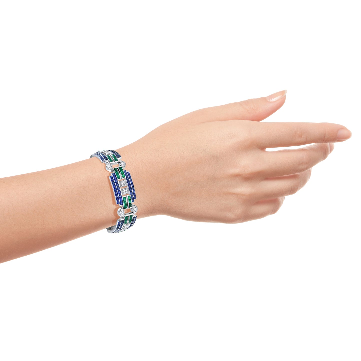 diamond & blue sapphire emerald art deco style white gold wide unique bracelet