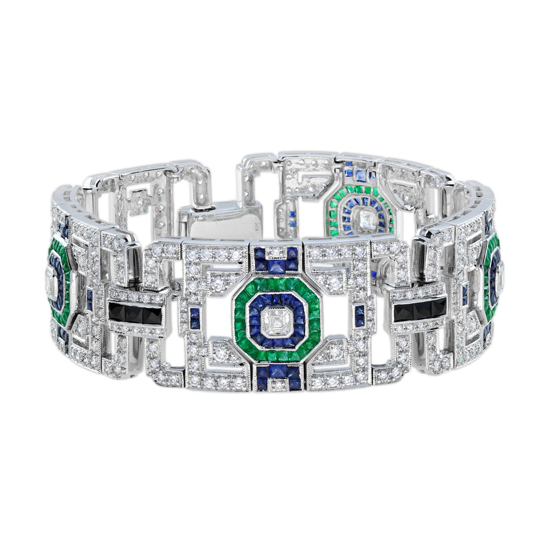 Green Emerald Sapphire & Diamond Art Deco Style 18KW White Gold Unique Bracelet