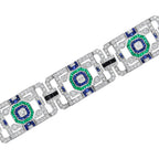 Green Emerald Sapphire & Diamond Art Deco Style 18KW White Gold Unique Bracelet