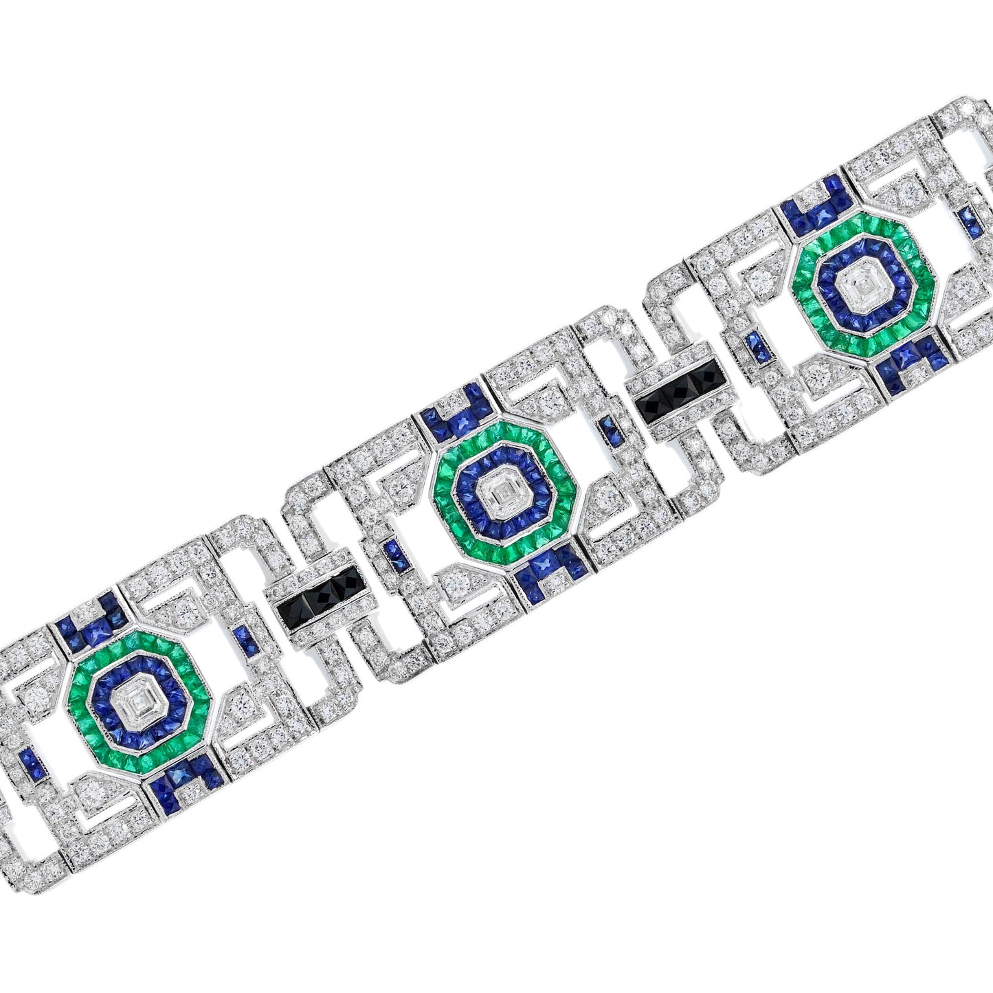 green emerald sapphire & diamond art deco style 18kw white gold unique bracelet