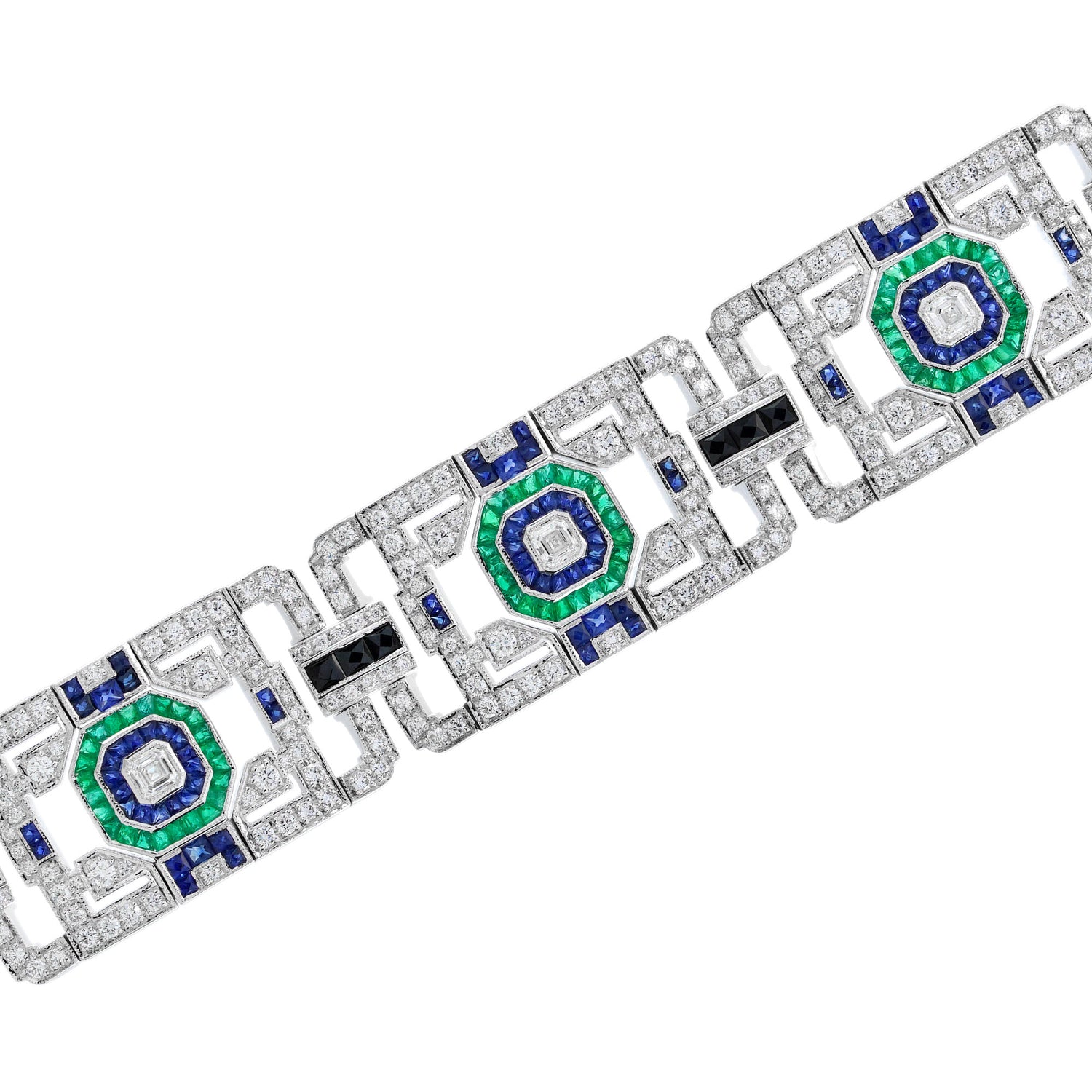 Green Emerald Sapphire &amp; Diamond Art Deco Style 18KW White Gold Unique Bracelet