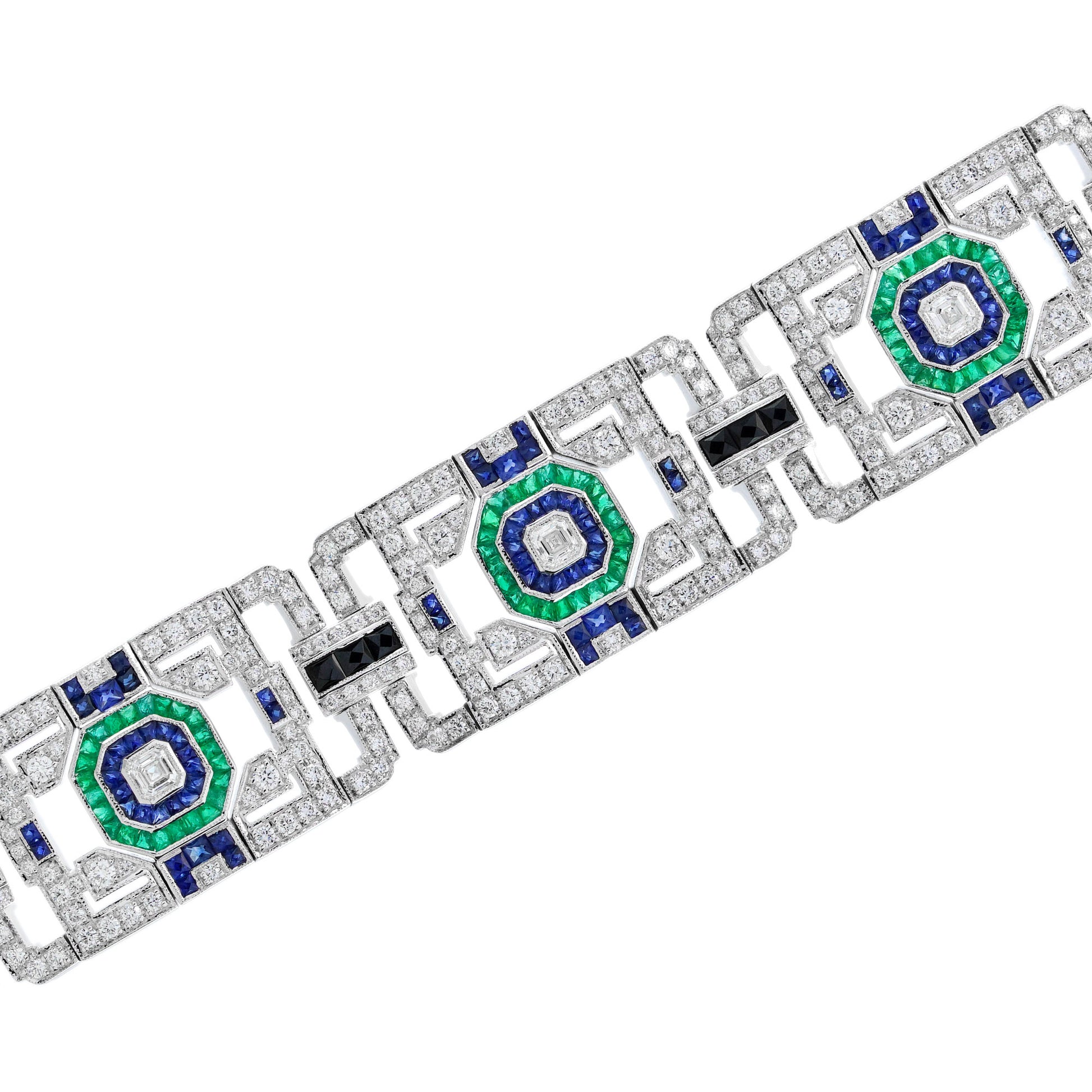 Green Emerald Sapphire & Diamond Art Deco Style 18KW White Gold Unique Bracelet