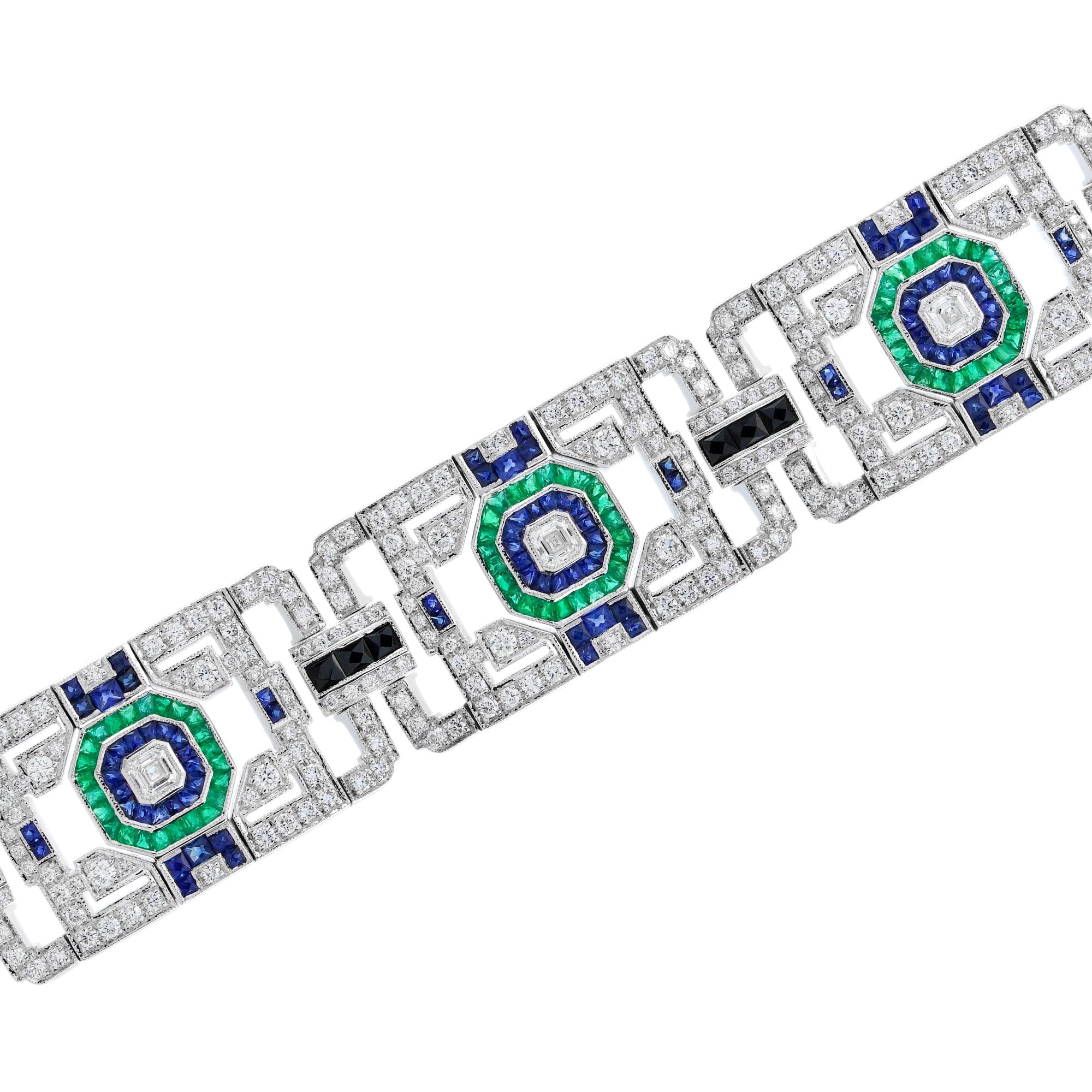 Green Emerald Sapphire &amp; Diamond Art Deco Style 18KW White Gold Unique Bracelet