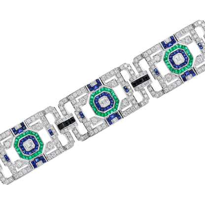 Green Emerald Sapphire & Diamond Art Deco Style 18KW White Gold Unique Bracelet