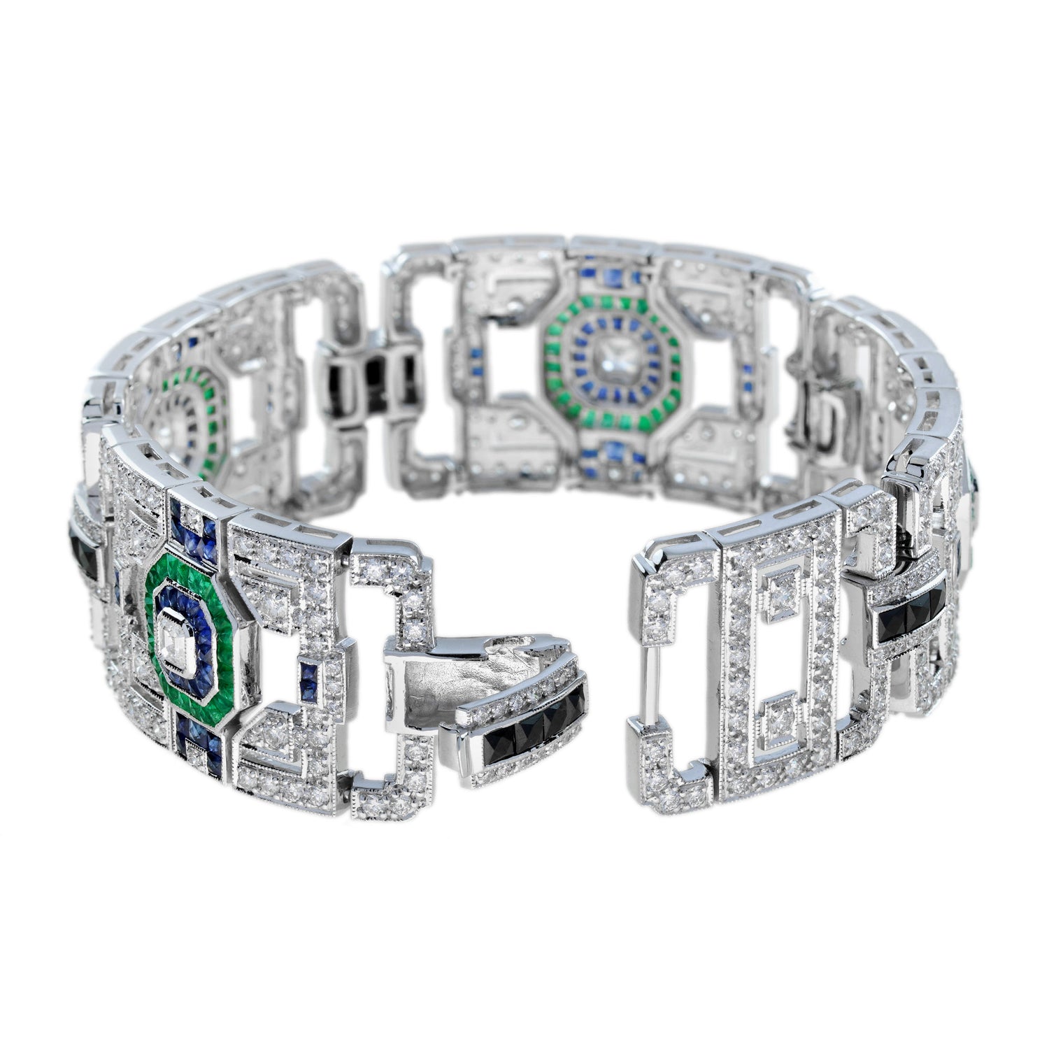 Green Emerald Sapphire &amp; Diamond Art Deco Style 18KW White Gold Unique Bracelet