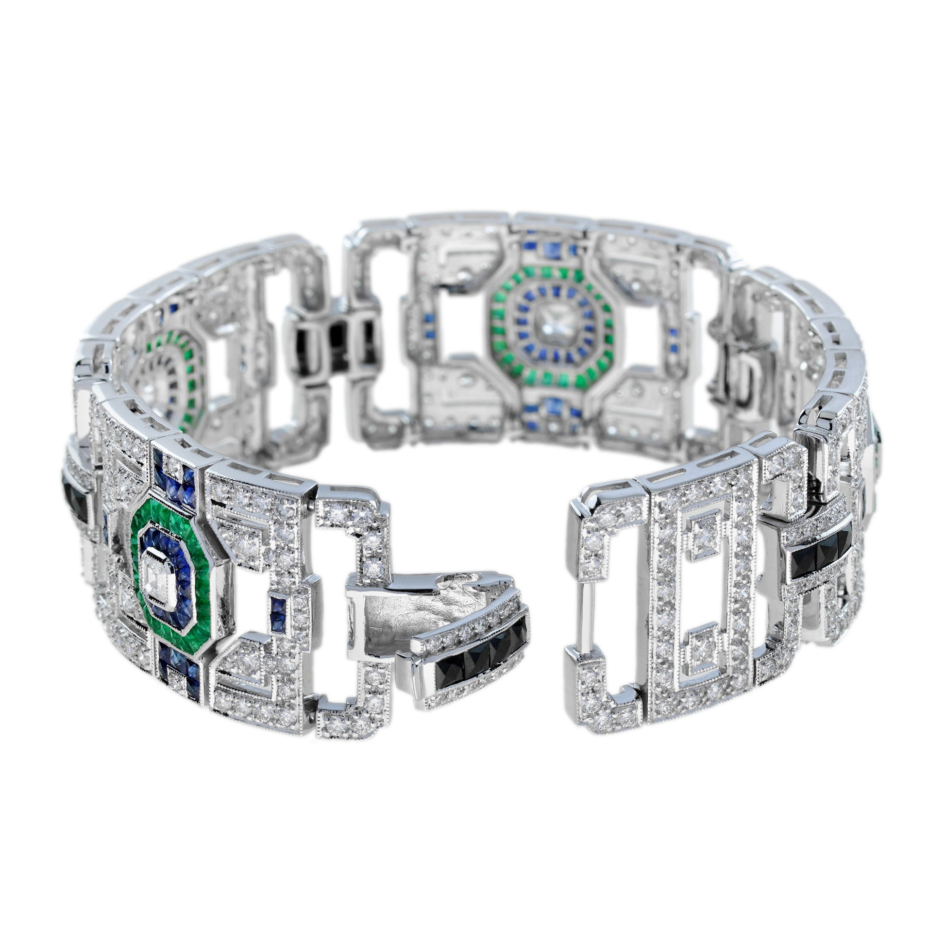 Green Emerald Sapphire & Diamond Art Deco Style 18KW White Gold Unique Bracelet