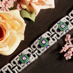 Green Emerald Sapphire & Diamond Art Deco Style 18KW White Gold Unique Bracelet