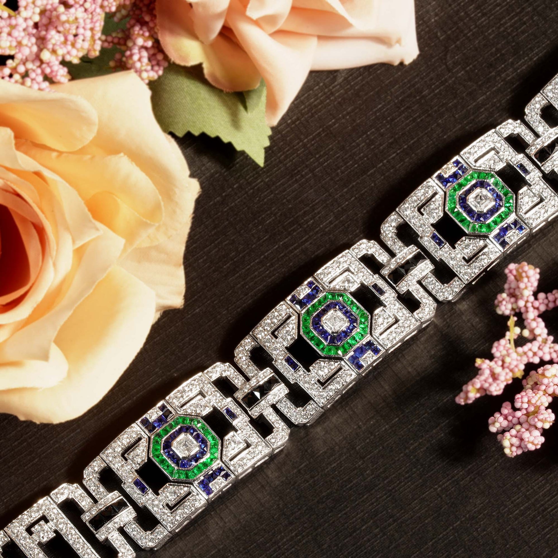 Green Emerald Sapphire & Diamond Art Deco Style 18KW White Gold Unique Bracelet
