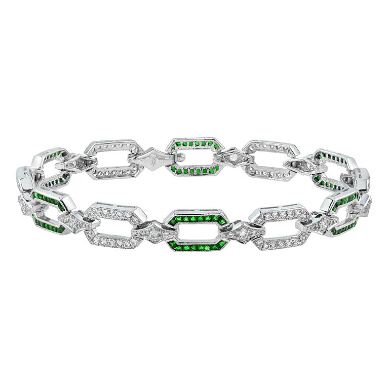 green emerald & diamond art deco style inspired link 14k white gold bracelet