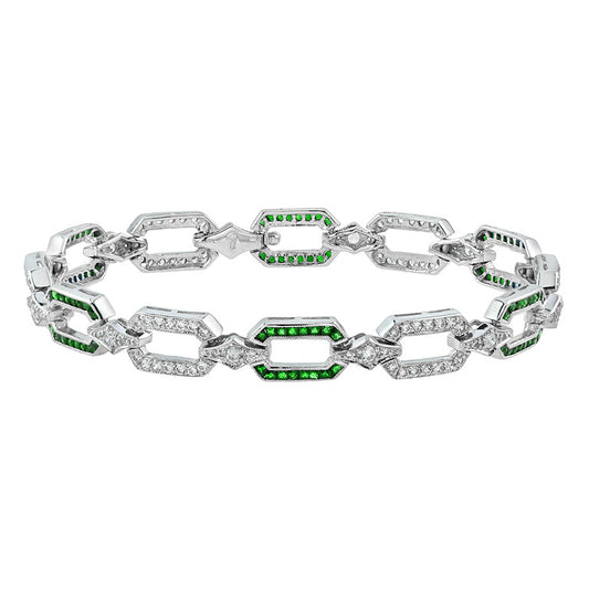 Green Emerald & Diamond Art Deco Style Inspired Link 14K White Gold Bracelet